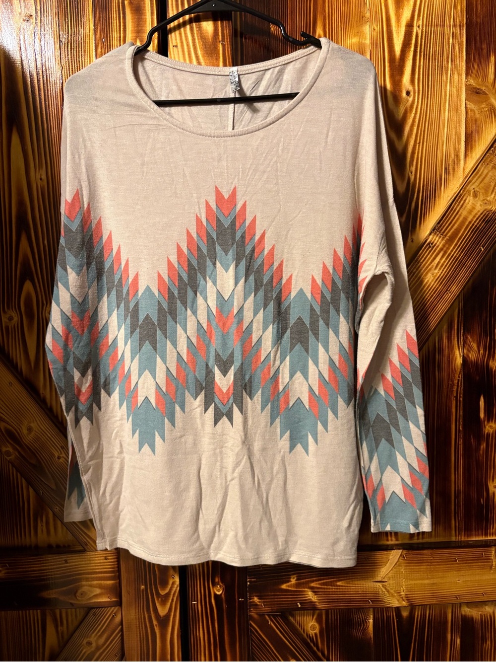 Yahada Women's Beige Aztec Print Long Sleeve Top   Size large